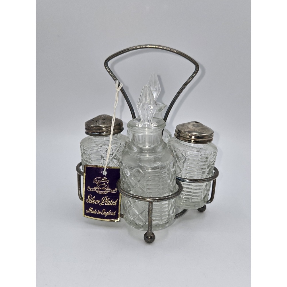 Vintage Silver Plated Cruet Set England Cut Glass Bottles‎ Condiment Set